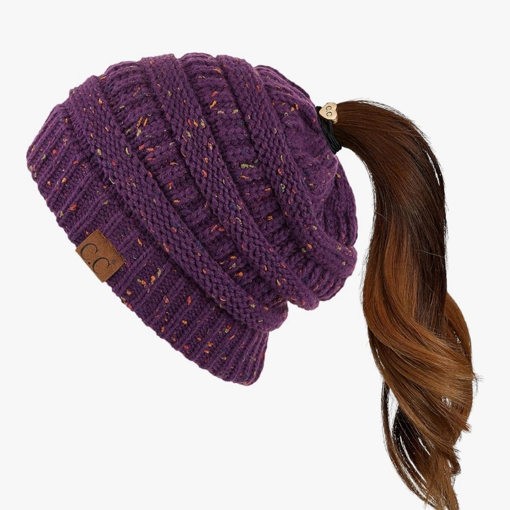 C.C Purple Confetti Knit Messy Bun Beanie